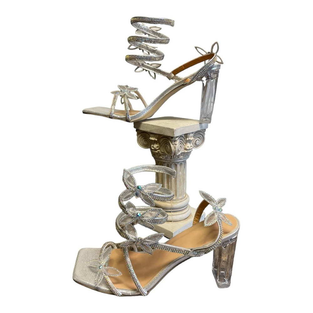 •Women's Butterfly Decorated Pearl and Rhinestone Snake Shape Wrapped High Heel